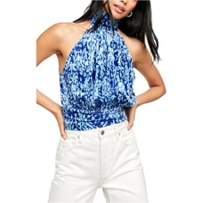 New Free People FP Velvet Take A Break Halter Top 78 BLUE Abstract Small
