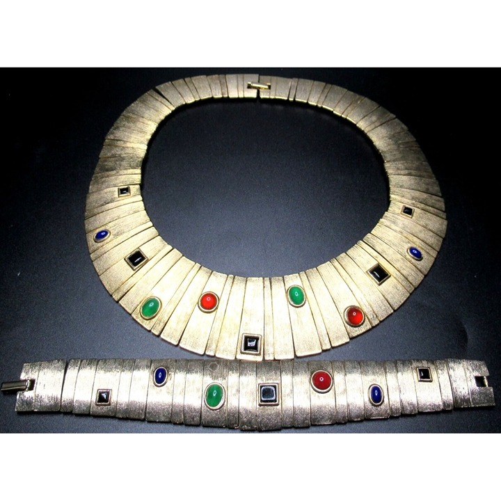 LES BERNARD Unsigned Egyptian Revival Cabochon Necklace Bracelet Set