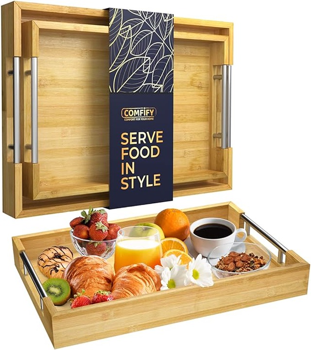 Set of 2 Decorative Serving Trays - Bamboo + Silver Stainless Steel Handles