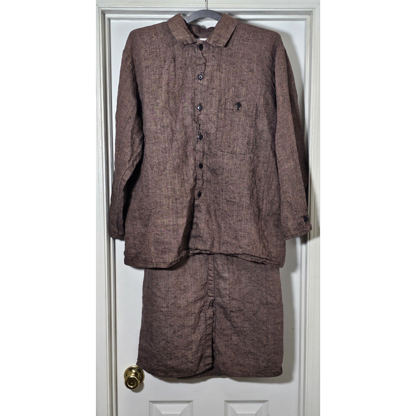 Flax 2 Piece Skirt Blouse Set Women's Size Small Purplish Brown Lagenlook