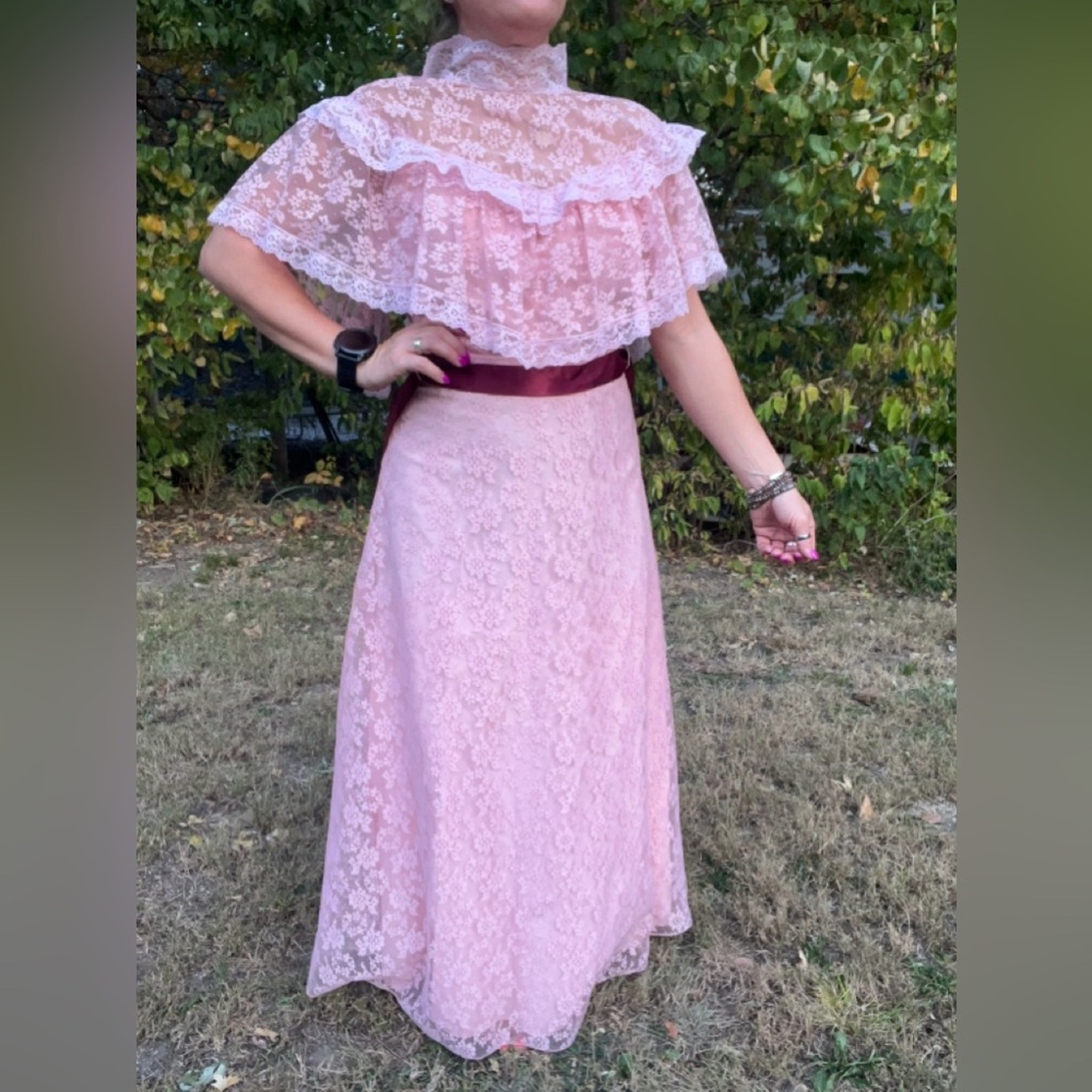 Vintage 70s JCPenney pink lace high illusion neck prairie style maxi dress gown