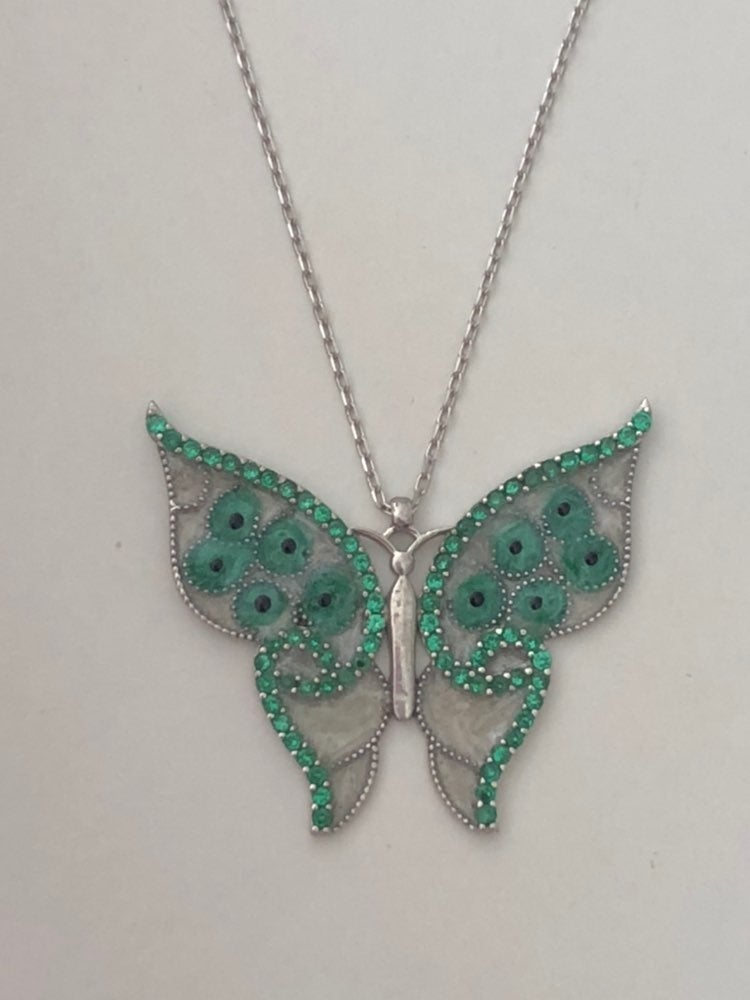 Green butterfly evileye silver necklace