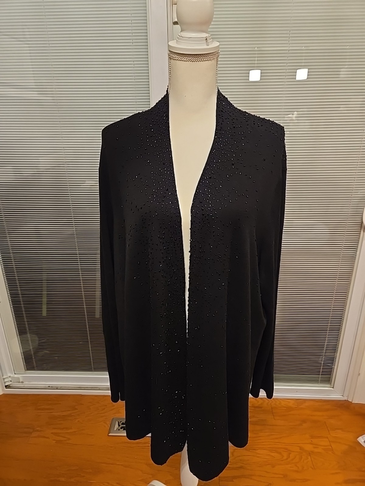 Eileen Fisher Size 3xl Cardigan Sweater Beaded Fine Merino Wool Black Simply