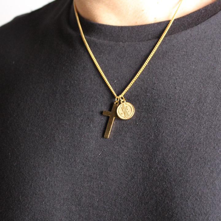 Gold Cross & Saint Benedict Medal Pendant Set