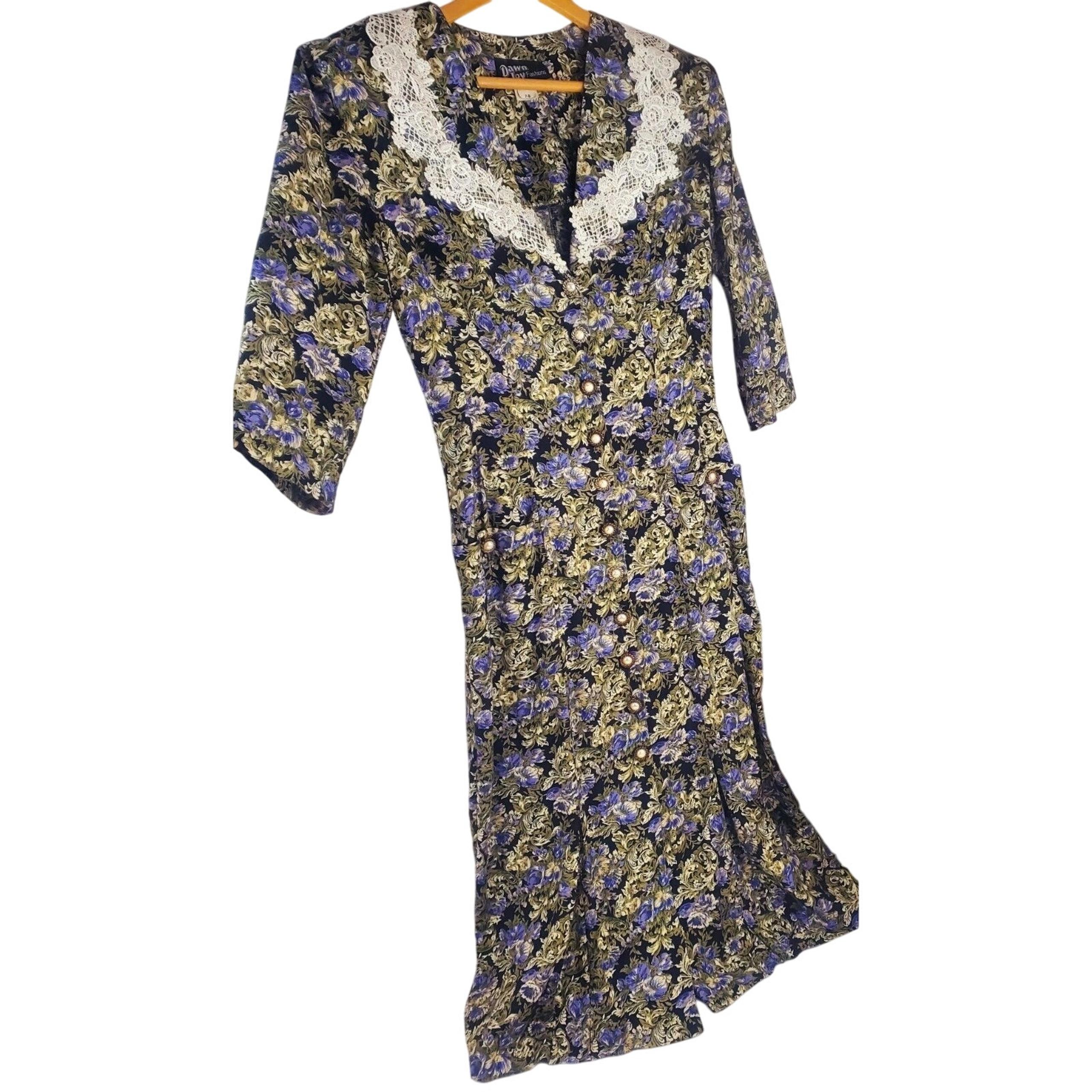 1980s Womens Dress Dawn Joy Fashions 7 8 M Pearl Button Floral Lace Vintage 80s