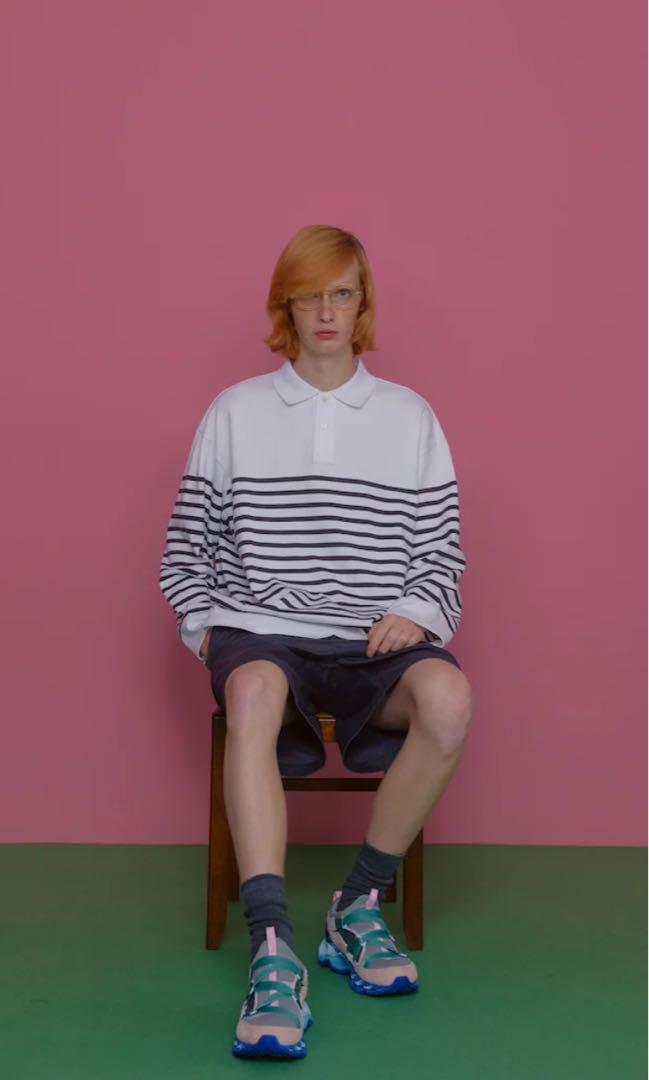 流行に  Border Panel Graphpaper L/S (Gray) Polo トップス