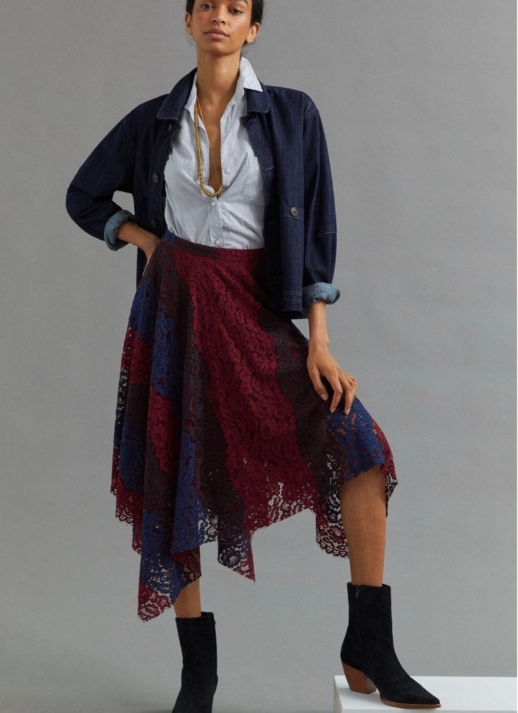 ANTHRO Sachin & Babi Lace Handkerchief Midi Skirt