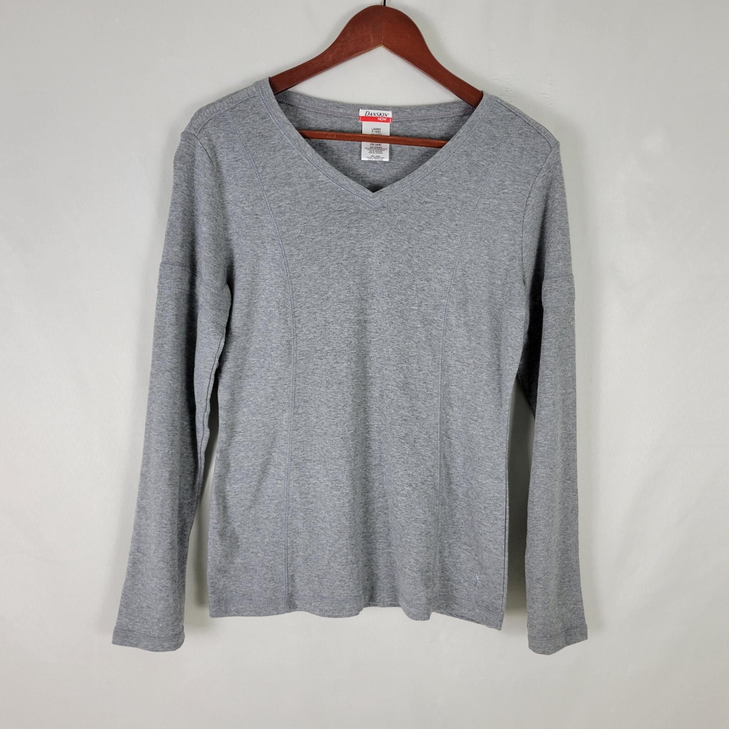 Danskin Now Shirt Womens Small Gray Activewear Long Sleeve V Neck 100% Cotton