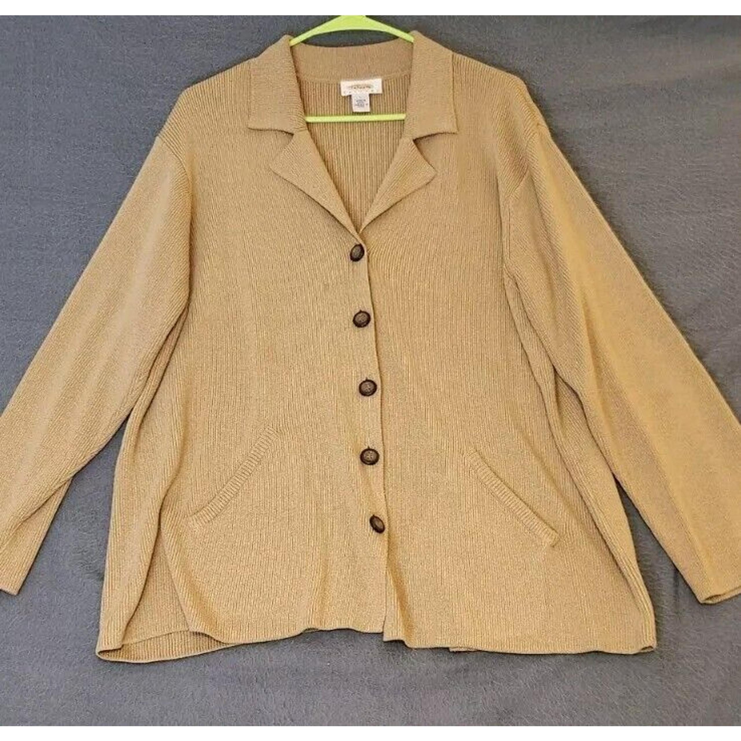 Talbots Women's Sz Large Cardigan Sweater Knit Heavyweight Tan Collar Pockets