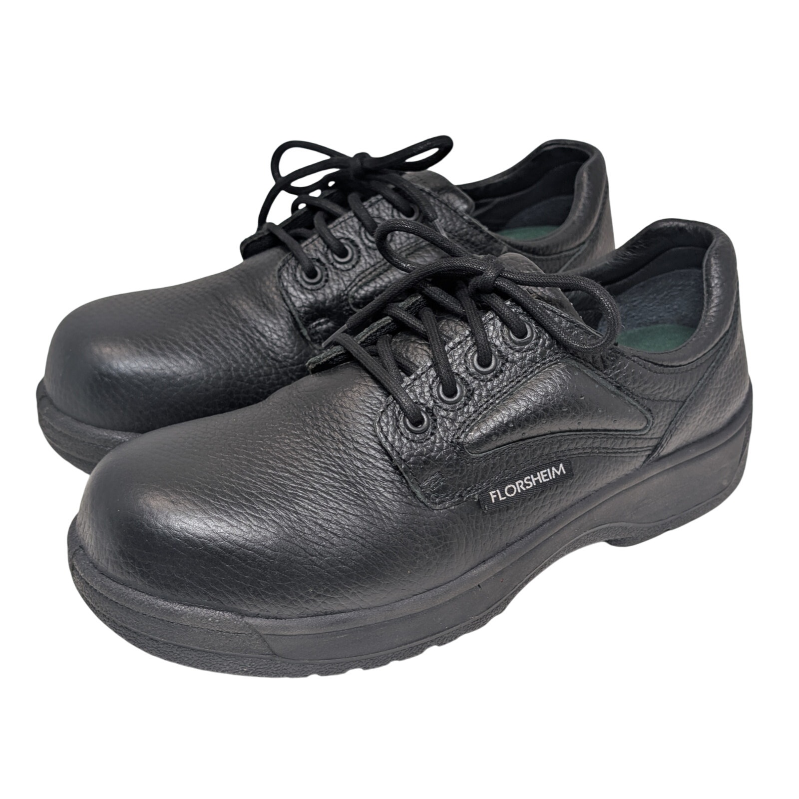 Mens sz 9 D Florsheim Fiesta Black Leather Composite Toe Work Safety Oxford Shoe