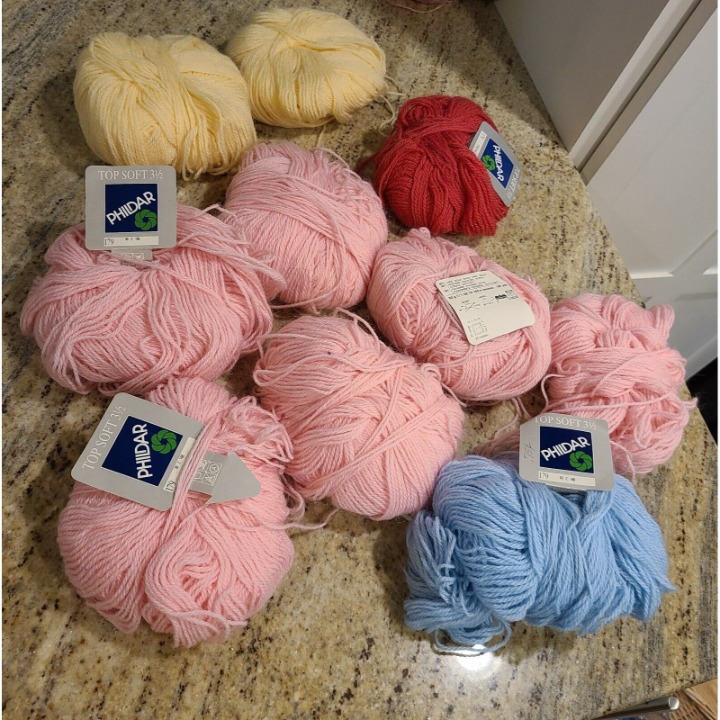 Phildar Top Soft 3 1/2 Wool Blend 10 Skeins 50 Gr Baby Blue Pink Yellow. Red