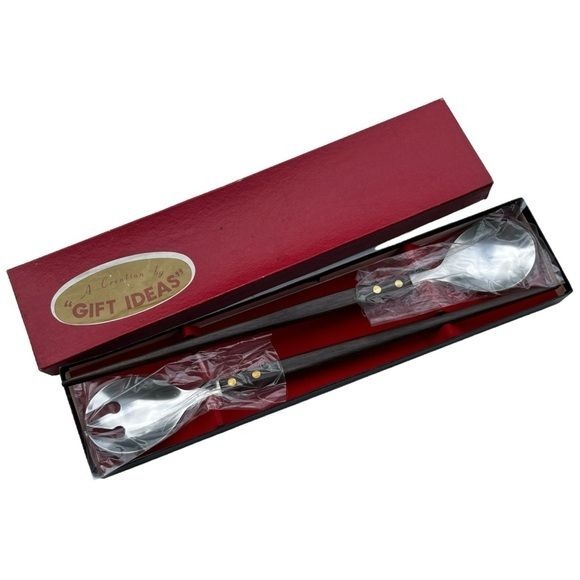 Vintage MCM Serving Spoon and Fork Box Set, Stainless Steel and Wood, Japan