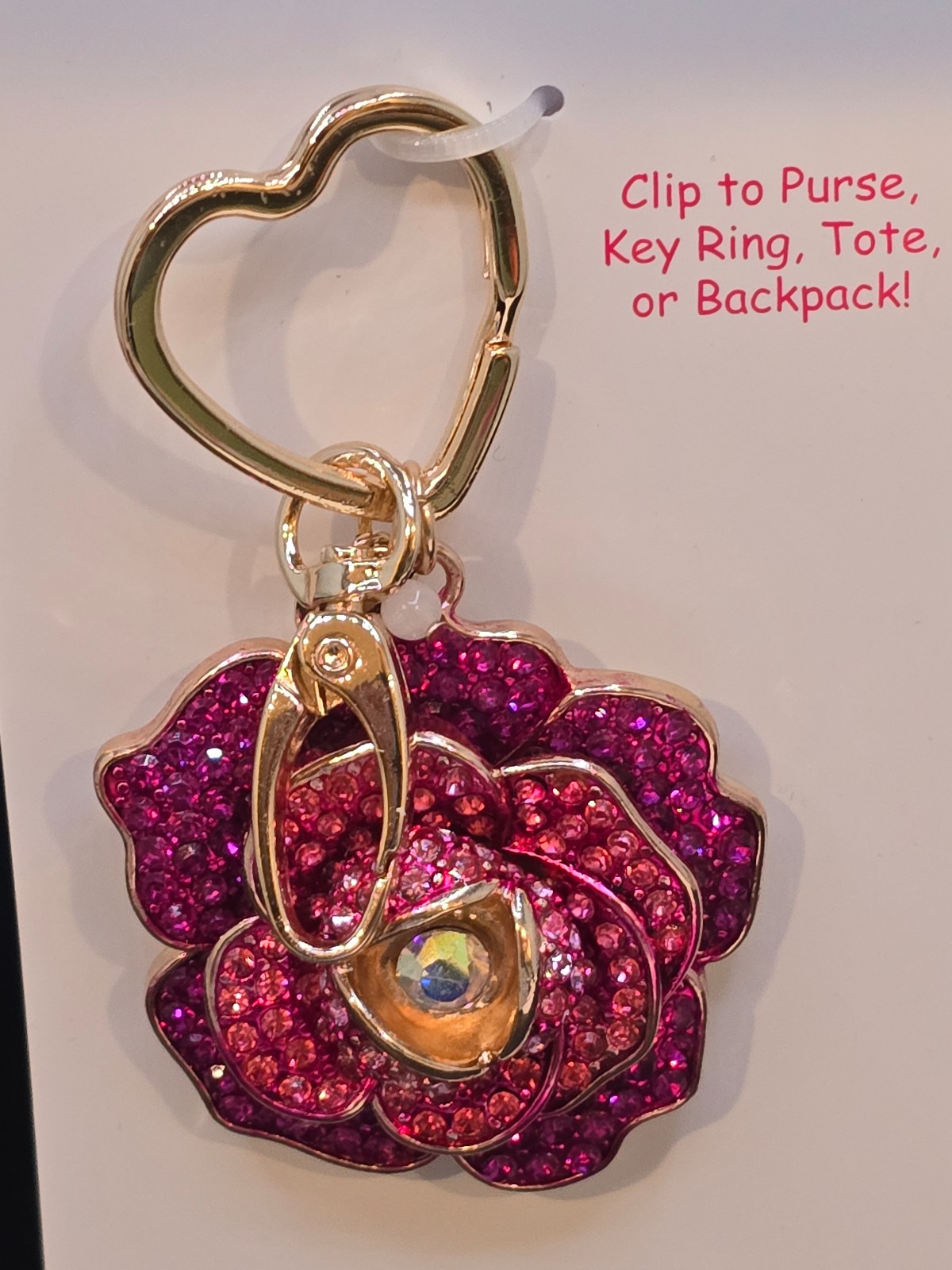 BETSEY JOHNSON Gold Tone Pink Crystal Flower Heart Key Fob Hand Bag Charm NWT