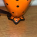 Rare Rae Dunn M Magenta set of 2 footed orange black polka dot mugs footed. Ve