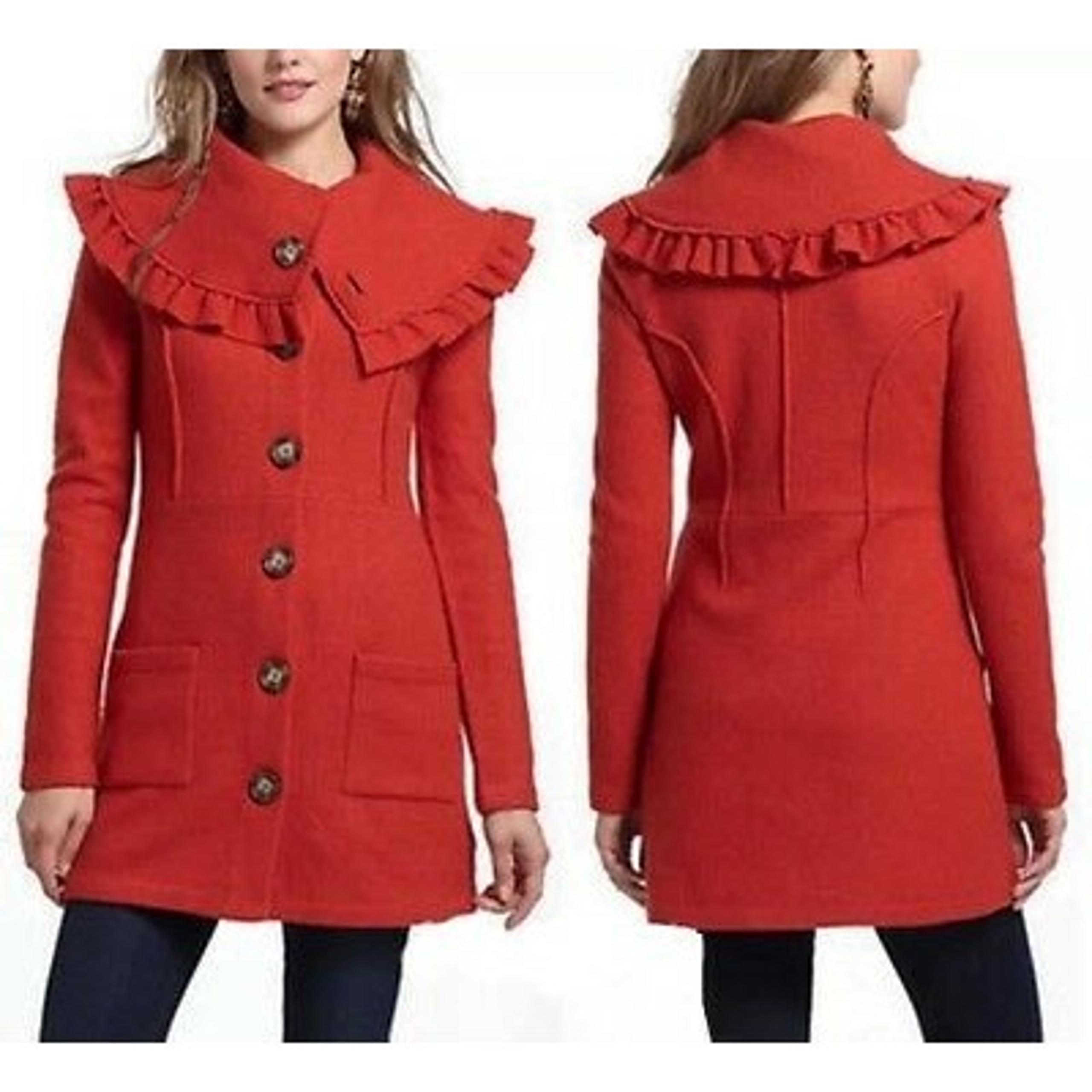 Anthropologie HWR Orange Herlev Sweater Coat S Jacket boiled wool cape ruffles
