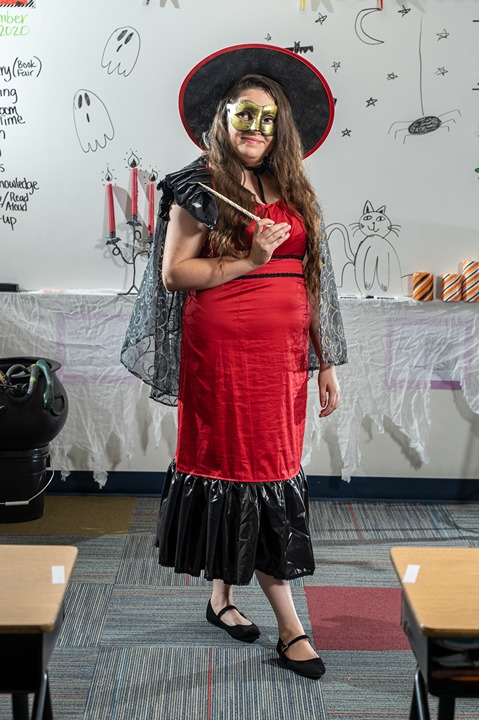 Teacher/Adult Woman Witch Costume for Halloween, Black and Red Witch Hat, Modest