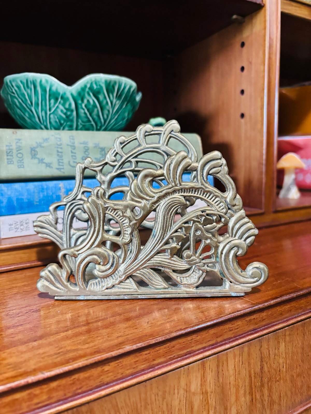 Vintage Teleflora Solid Brass Art Nouveau Decorative Napkin Holder