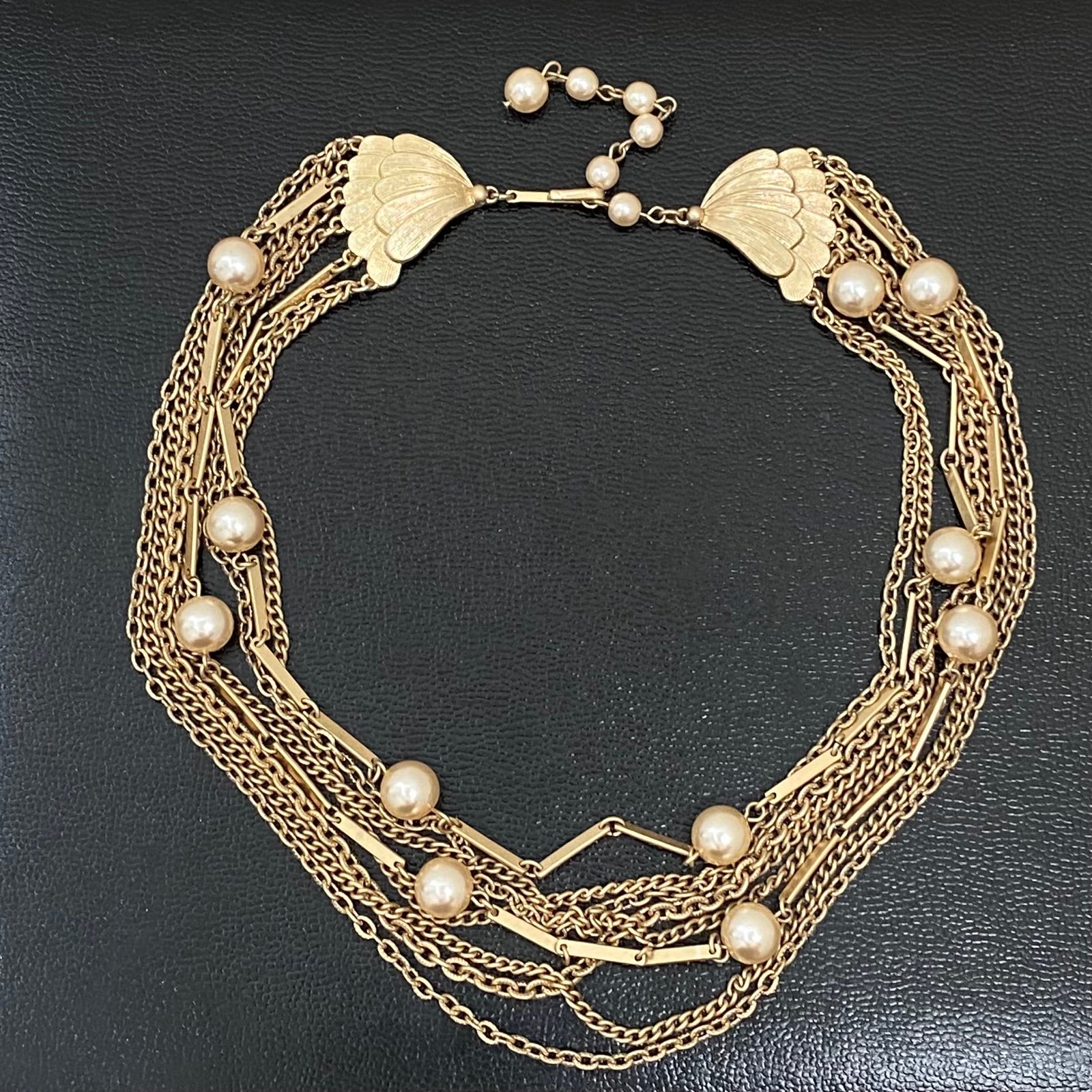 Vintage Unsigned Goldtone Multi-strand Chains and Faux Pearl 16-inch Necklace