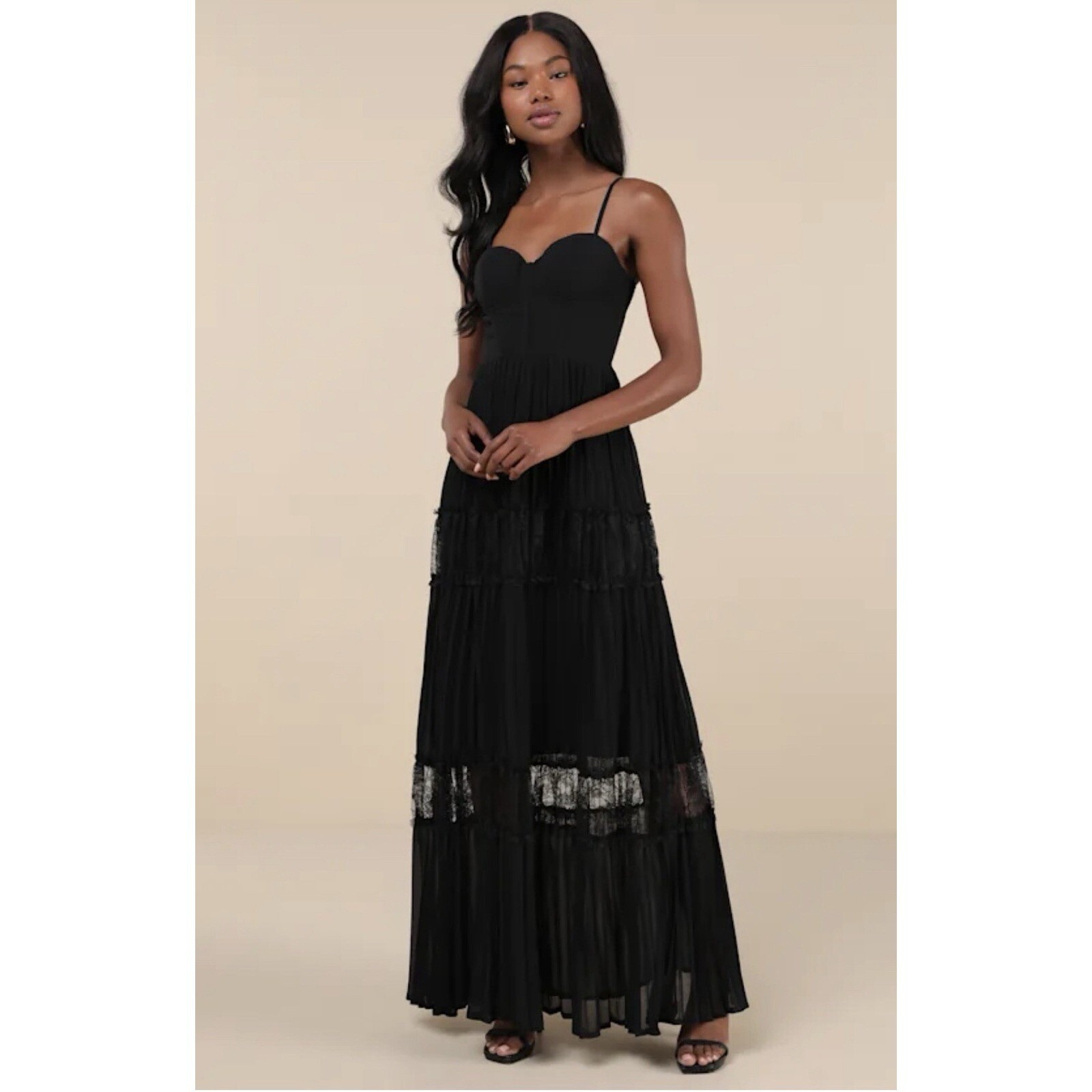 Lulus Black Pleated Lace Sleeveless Bustier Maxi Dress Adjustable Straps Size L
