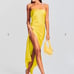 Seroya Women’s Strapless Asymmetric Hem Midi Satin Dress Split Neon Yellow