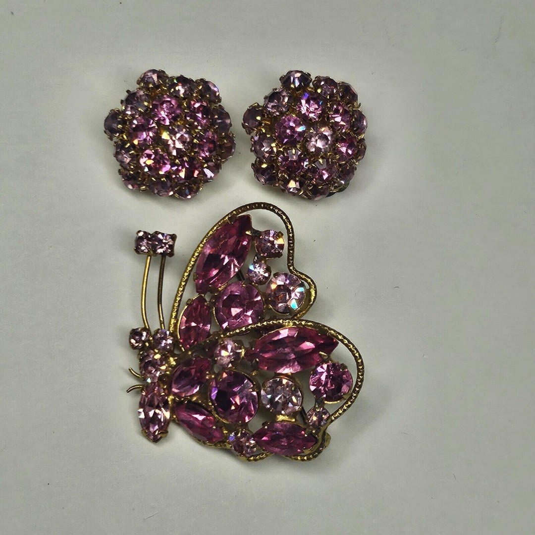 Regency Pink Rhinestone Butterfly Pin w/Matching Earrings Vintage Goldtone