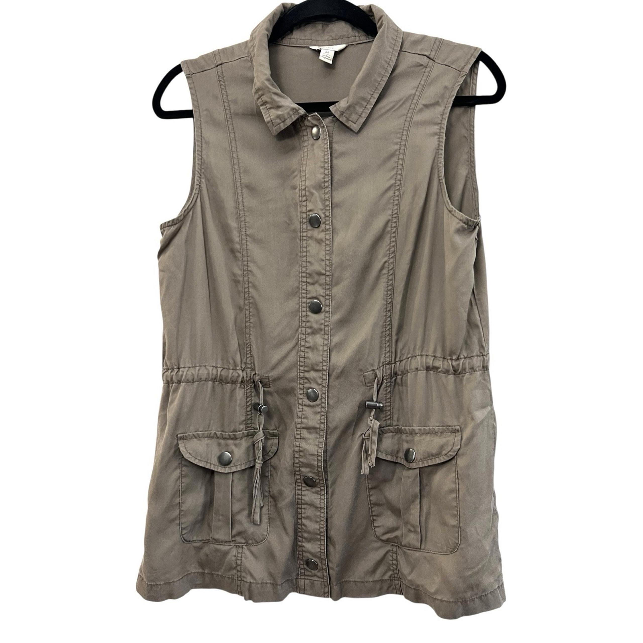 CATO Womens Medium Snap-Up Drawstring Utility Vest Pockets Taupe Casual Y2K 90s