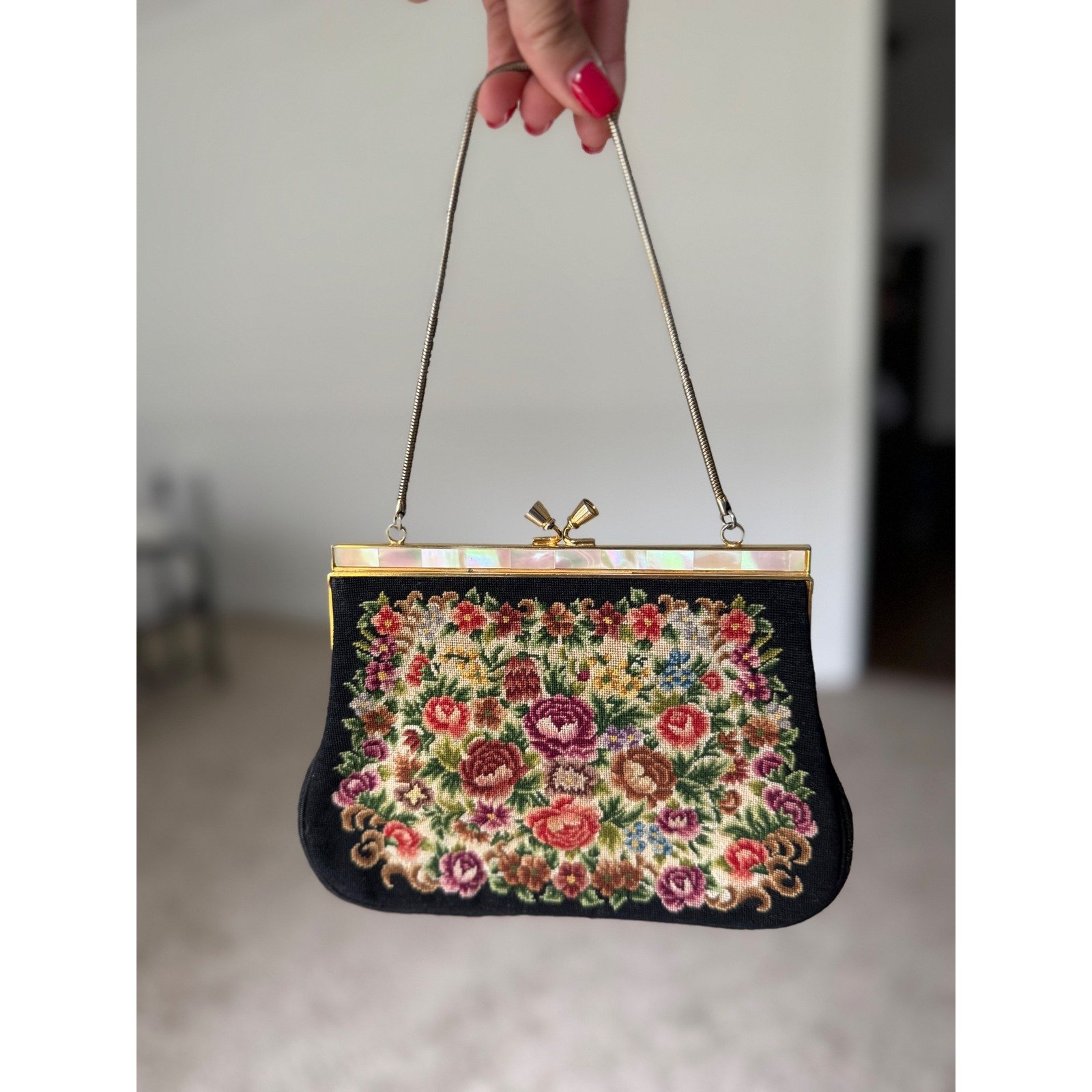 Vintage Tapestry Floral Needlepoint Purse Flower Evening Bag Small Clutch 60s