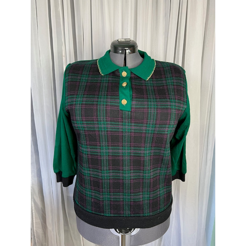 long sleeve polo 1980s green purple plaid