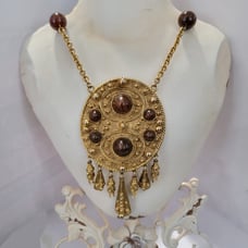 Vintage PAULINE RADER Inca/Mayan Gold Medallion With Bakelite Beads Necklace 28