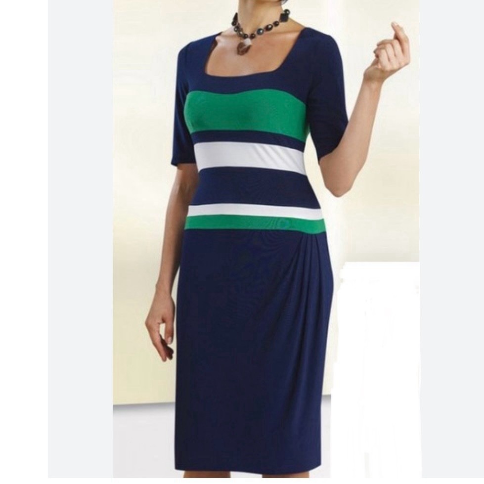 Ralph Lauren Navy Blue Green White Jersey Short Sleeve Colorblock Dress Size 10