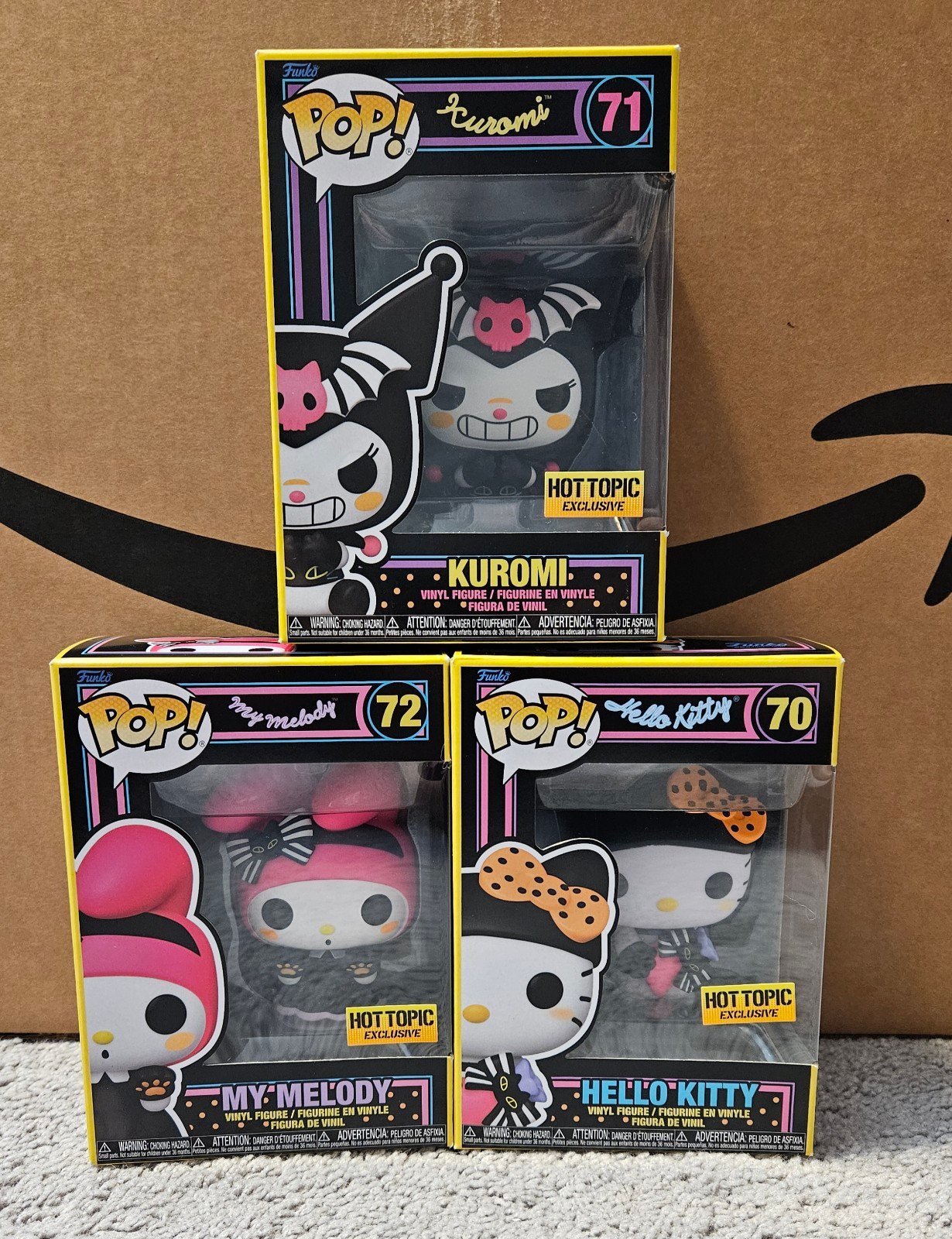 Hello Kitty, Kuromi & My Melody Black Light Funko Hot Topic Bundle!