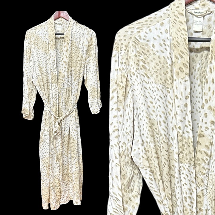 Neiman Marcus Womens Maxi Silk Robe Large Cream Animal Print Belted