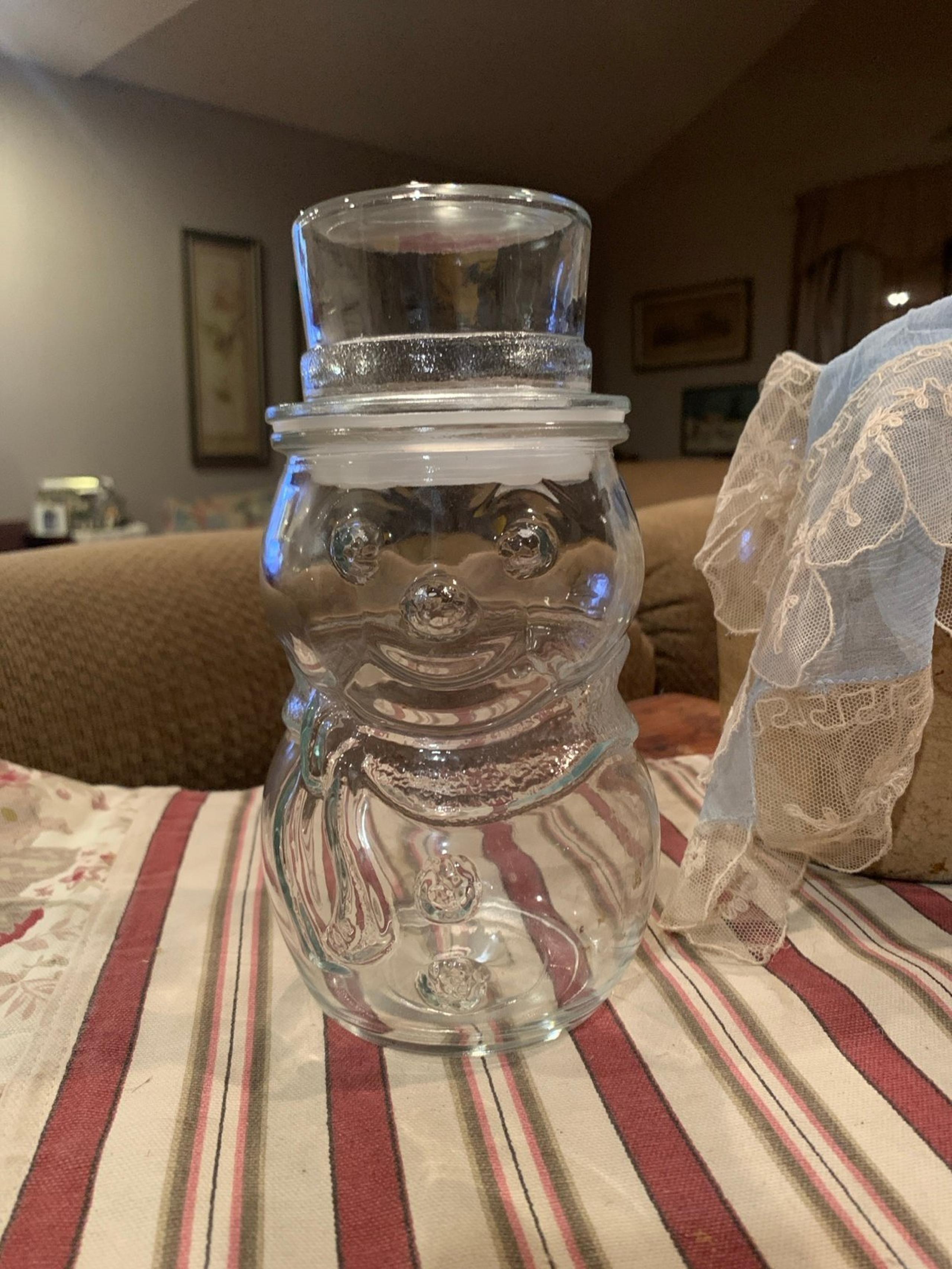 LIBBEY Clear Glass SNOWMAN jar container lid top hat winter holiday collectible