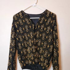 Vintage 80s Women’s Gold Pure Silk, Beaded, Sequined. Gold Jacket Size Medium