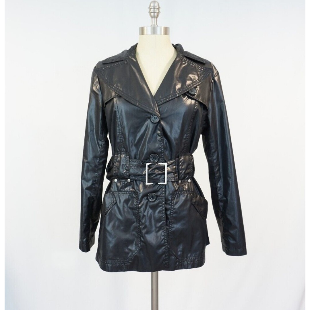Chicos Lightweight Trench Jacket Black Buttoned Belted Size 1 Lined