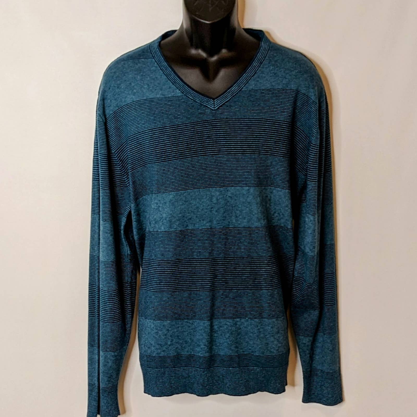 Claiborne Navy/Teal Cotton/Cashmere Blend V Neck Pullover Men's Size XXL