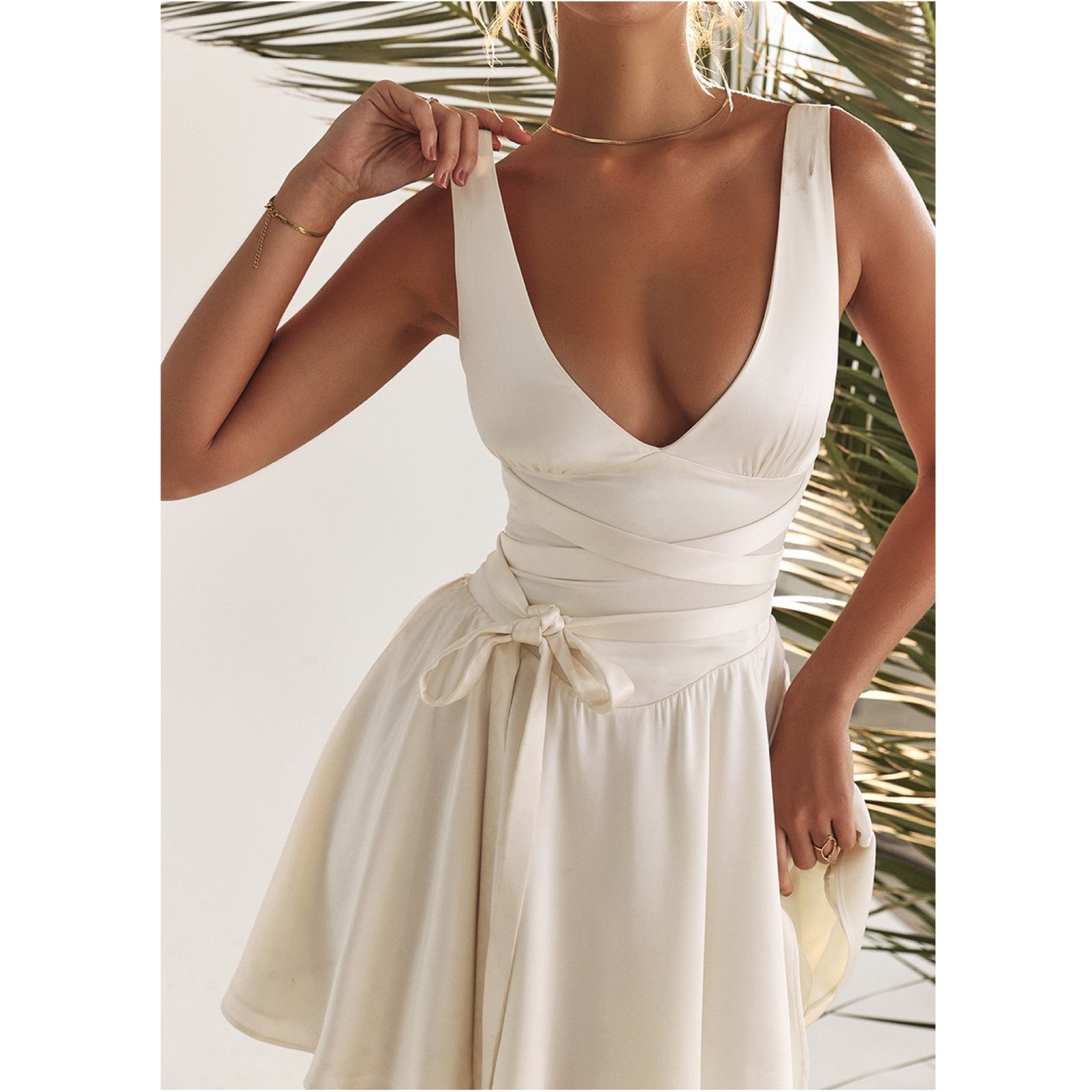 HOUSE OF CB Shiema Floaty Satin Mini Dress, Ivory, Medium