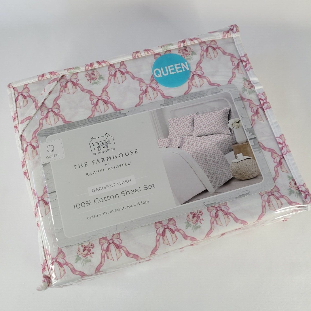 Rachel Ashwell Farmhouse Shabby Chic QUEEN Sheets Pink Ribbon Bows Roses Cotton