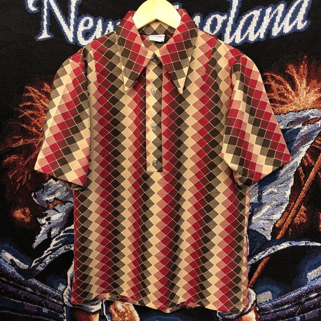 【おトク】 70s PolyKnits Argyle Polo Shirt, Red, Size M トップス