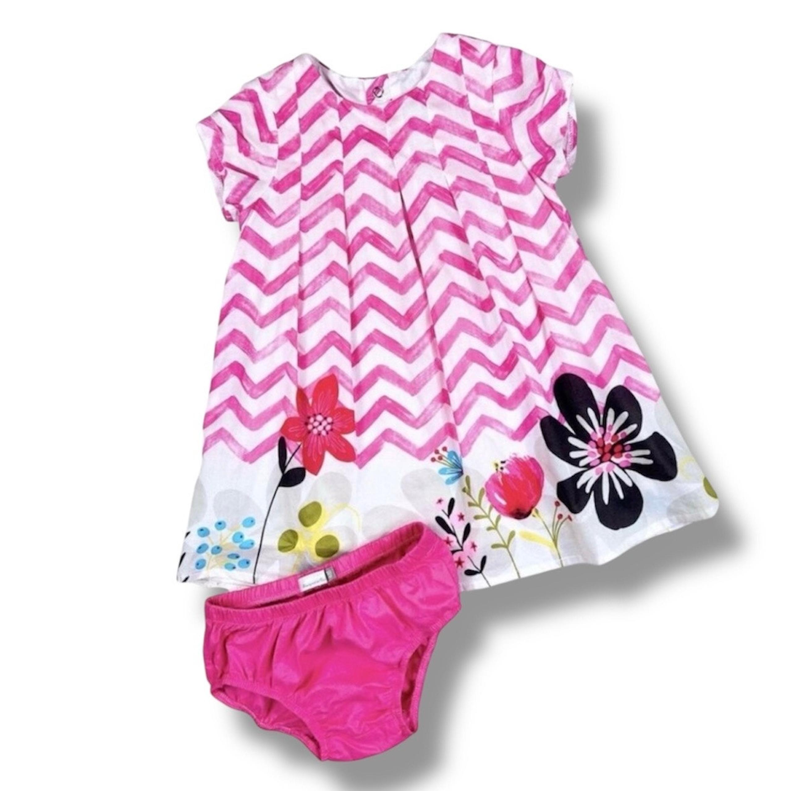 Catimini Baby Girl Dress Bloomer Set 18M Pink Chevron Floral 100% Cotton France