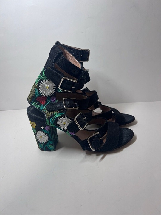 Laurence Dacade Dana Floral Embroidered Linen Sandal Block Heel 36
