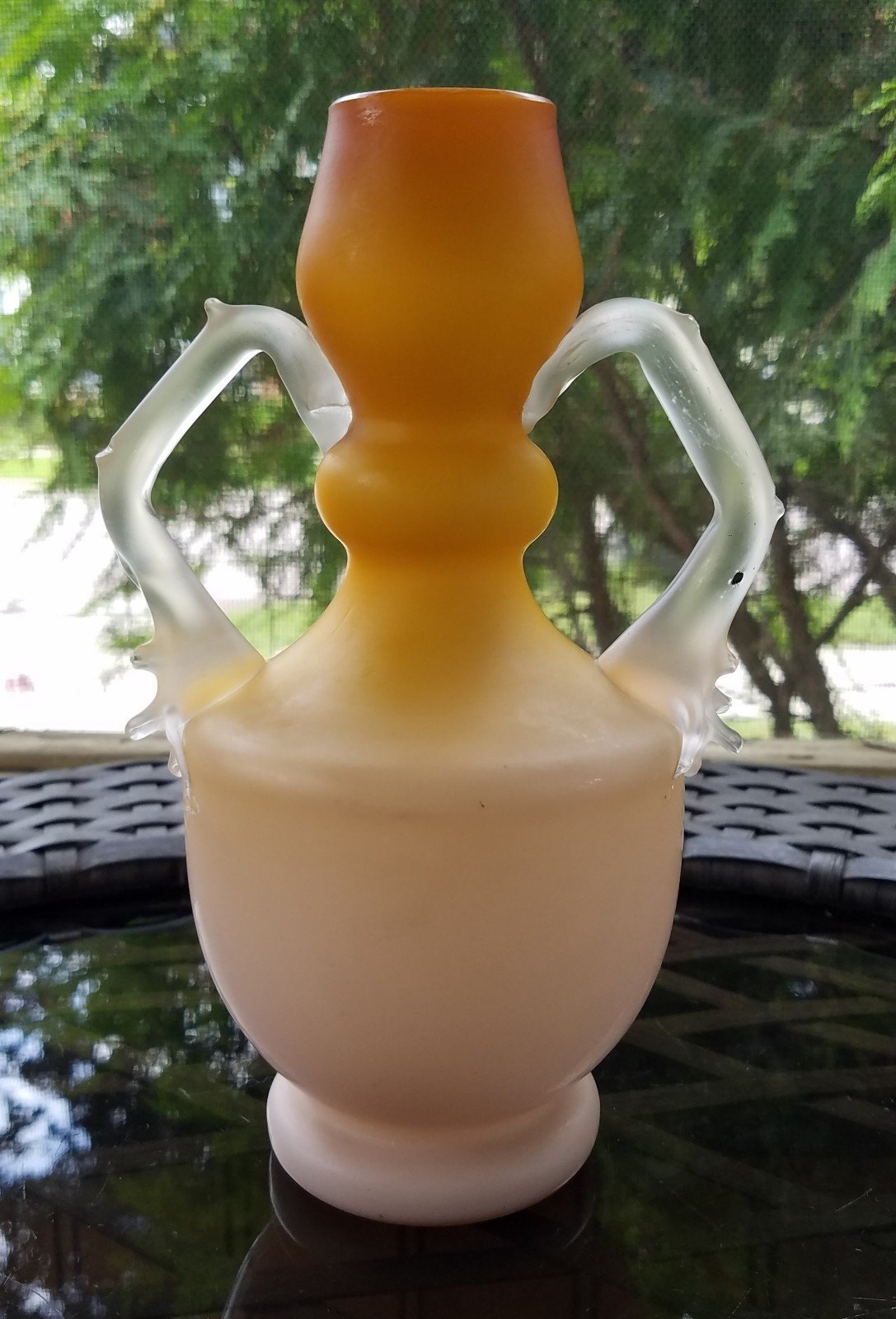 Antique Satin Glass Vase w/ Thorn Handles Amber Ombre to Pink Stevens & Williams