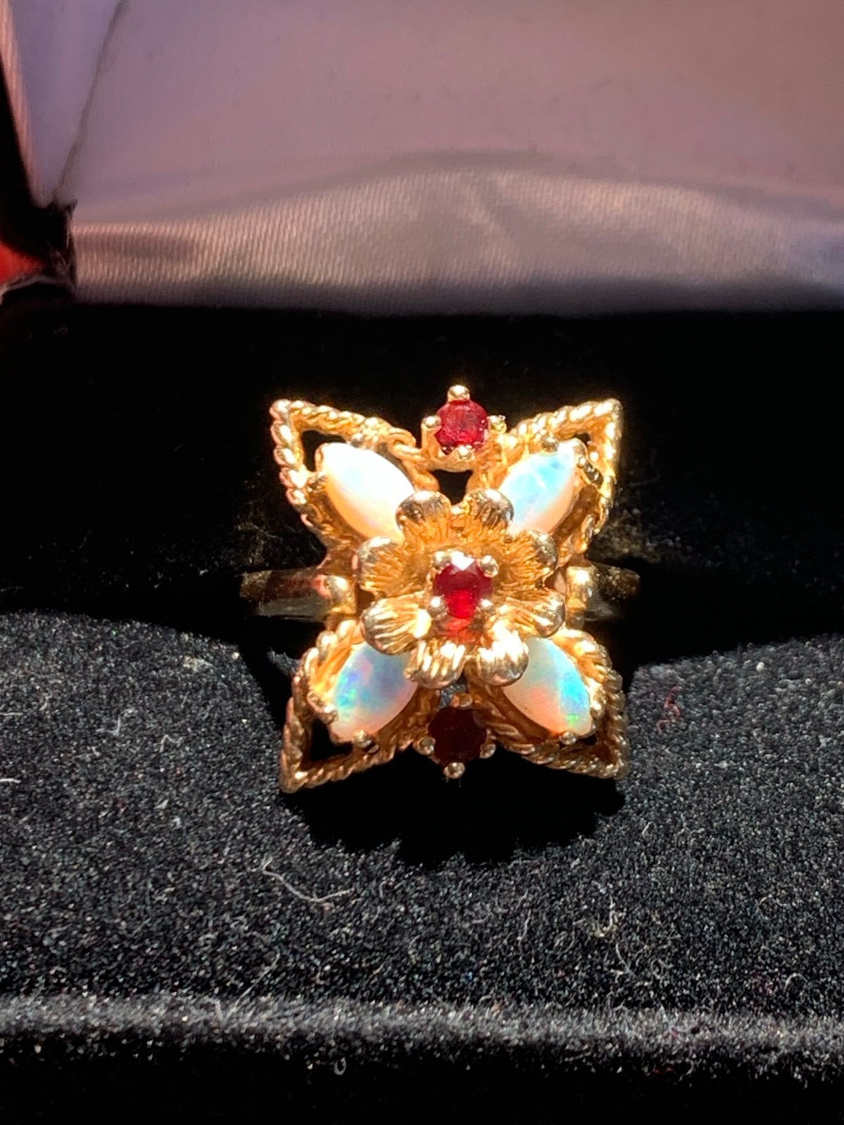 14k gold Natural Opal and Ruby ring