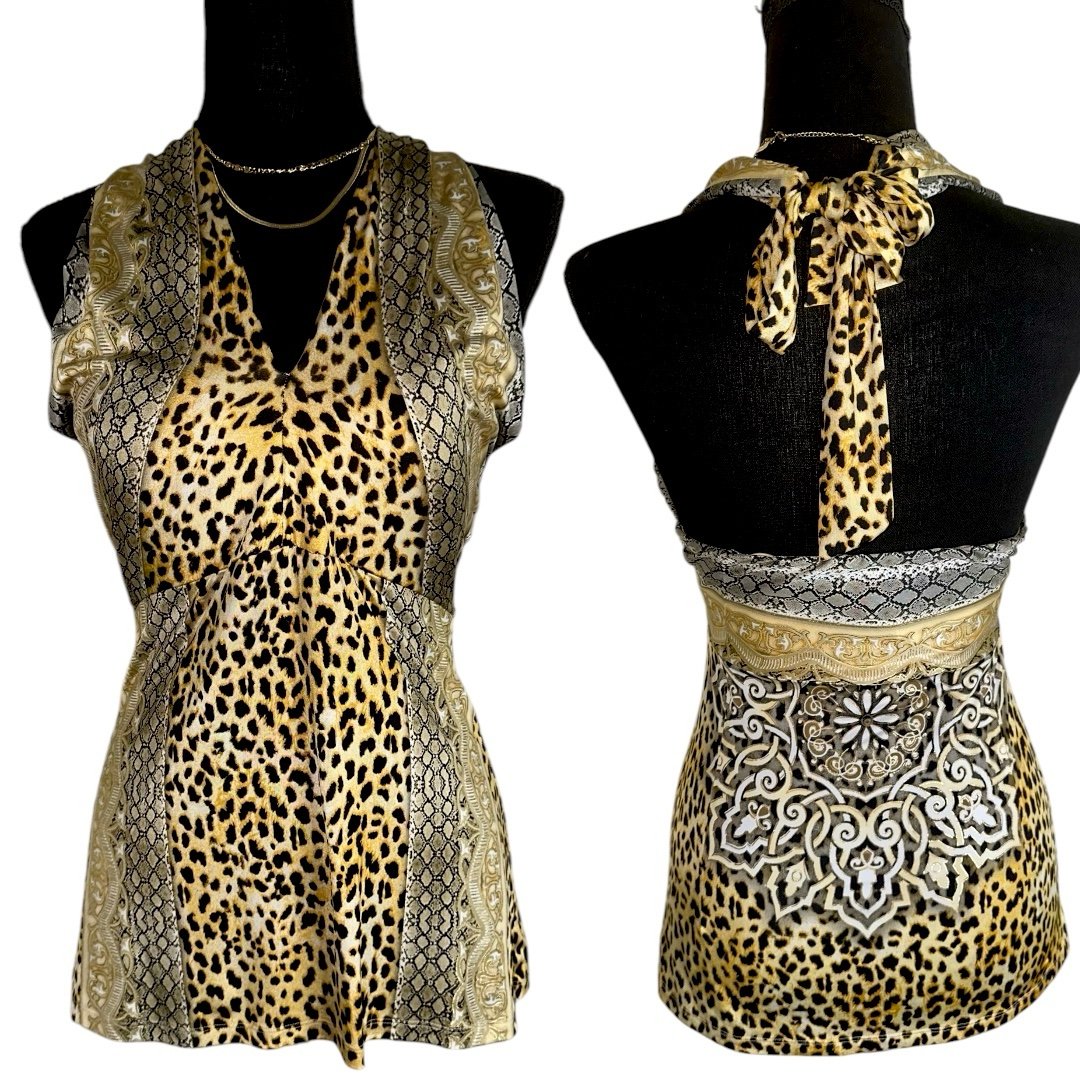 CACHE Y2K 2000s gold mcbling Cheetah & Snake Print floral Halter Top Size Small