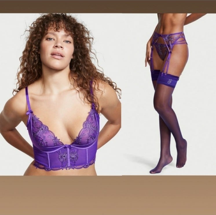 Victoria's Secret Starstruck 4 piece set Bra Top, Cheekini, V-String and Garter
