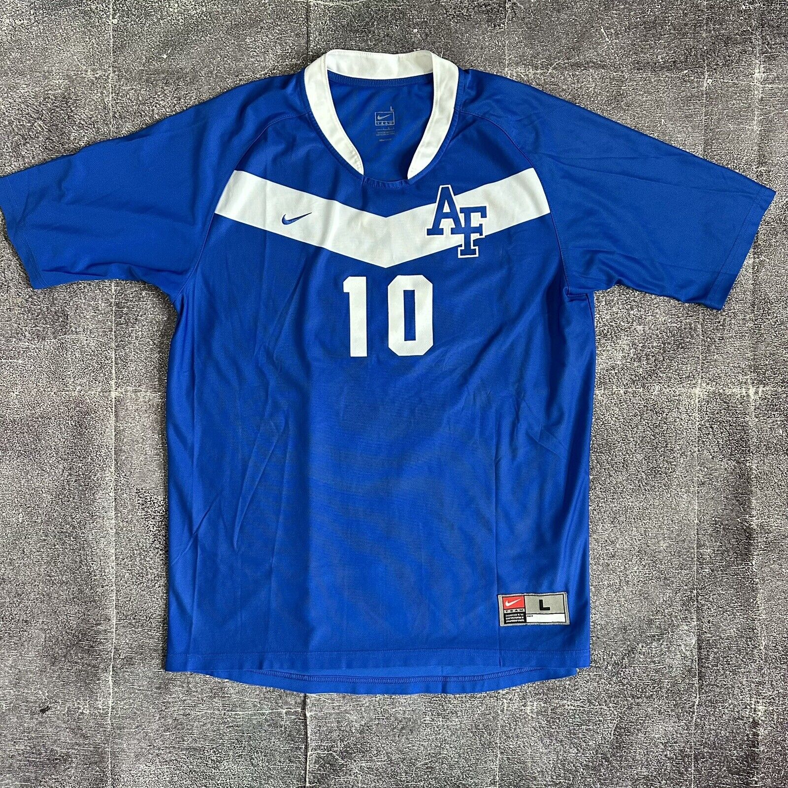 Mens Nike Team Air Force Falcons AFA Game Worn Used NCAA Blue Soccer Jersey Sz L