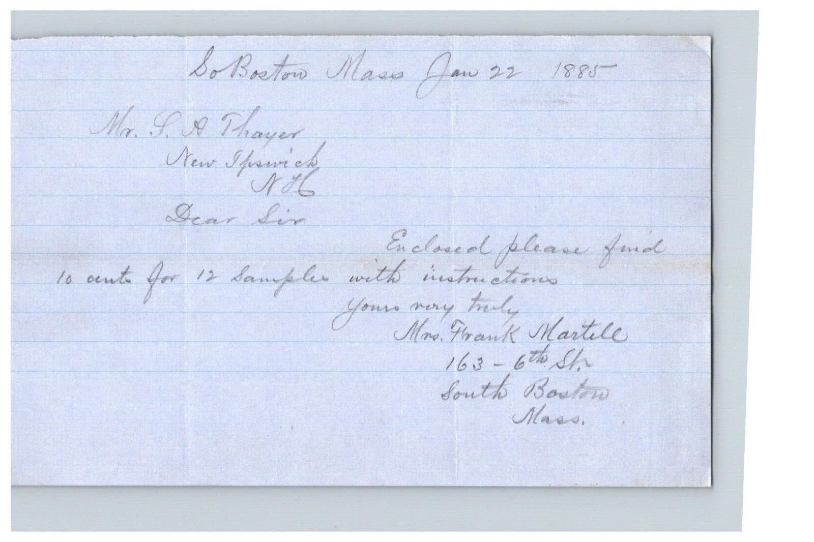 1885 Handwritten Letter Mrs Frank Martell Boston MA Massachusetts History Family