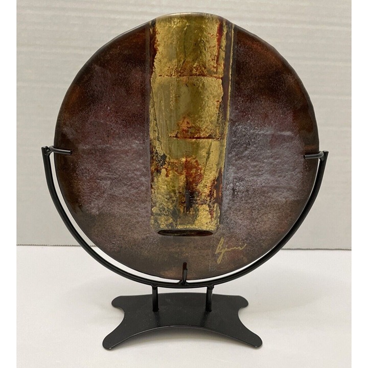 Jasmine Fused Art Glass Slim Bud Vase Metal Stand Signed Benjamin Chang - NEW