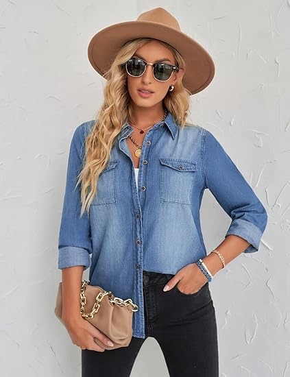 Denim shirt women's striped denim western shirt long sleeved button up top
