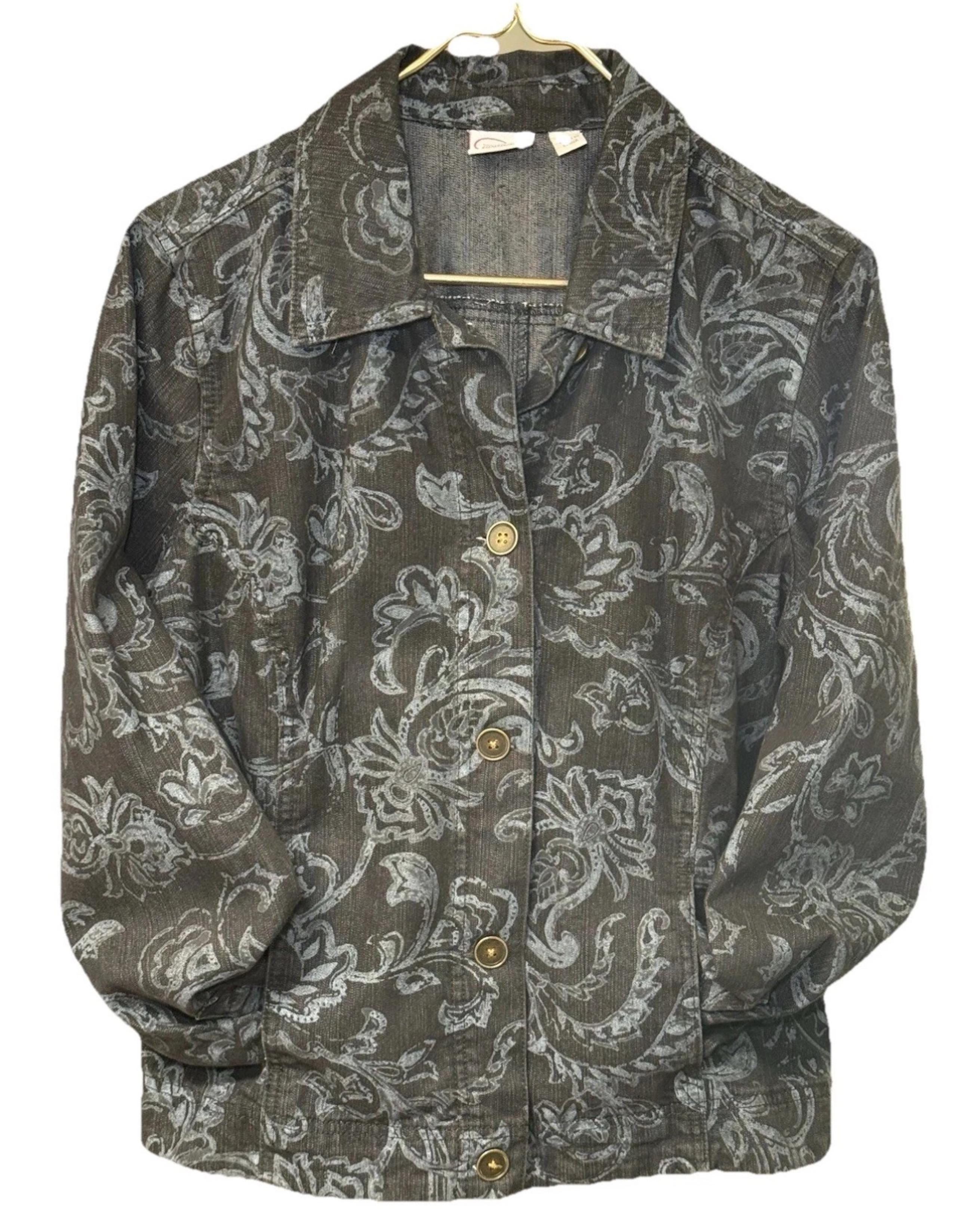 Women's Black Denim Gray Floral Button Front Jacket Coat Size Med M Pappagallo